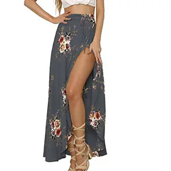 Gėlių spausdinti ilgas sijonas moterims Atsitiktinis boho paplūdimio vasaros maxi sijonas moterų Mygtuką, padalinti streetwear kutas seksualus sijonai