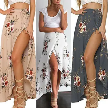 Gėlių spausdinti ilgas sijonas moterims Atsitiktinis boho paplūdimio vasaros maxi sijonas moterų Mygtuką, padalinti streetwear kutas seksualus sijonai