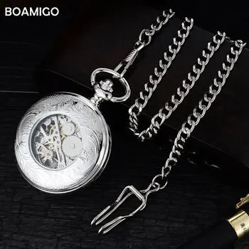 FOB vyrų kišeniniai laikrodžiai, antikvariniai mechaninė žiūrėti BOAMIGO prekės skeletas romos numeris laikrodžiai, sidabro grandinės dovana laikrodis reloj hombre