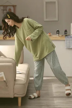 2020 naujas, šviesiai žalios medvilnės minkštas merginos pajama komplektai ilgomis rankovėmis namų drabužiai moterims atsitiktinis palaidų sleepwear
