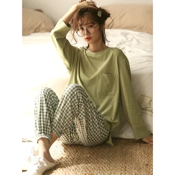 2020 naujas, šviesiai žalios medvilnės minkštas merginos pajama komplektai ilgomis rankovėmis namų drabužiai moterims atsitiktinis palaidų sleepwear
