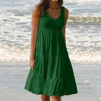 Ponios Vientisos Spalvos Berankovė Paplūdimio Suknelė Atostogų Vasarą Kvėpuojantis Patogus Išskirtinį Mados Rankovių Šalis Suknelė 02*