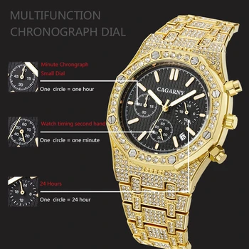 Top Brand Diamond Prabangūs Nauji vyriški Kvarcas Laikrodžio Verslo 18k Aukso Vandeniui Chronograph Watch Vyrų Mados Laikrodis Relojes