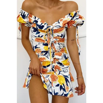 Moterų Vasaros Suknelė Saldus Mielas Citrinų Gėlių Spausdinti Bodycon 2020 Suknelė Off Peties Šalies Tunika Sundress Apvalkalą Mini Suknelė G1479