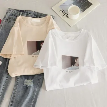 Europos Amerikietiško Stiliaus Moteris, T marškiniai Pavasario vasaros trumpomis Rankovėmis Apvalios Kaklo marškinėliai Moterims Mados Print T-shirt Femme