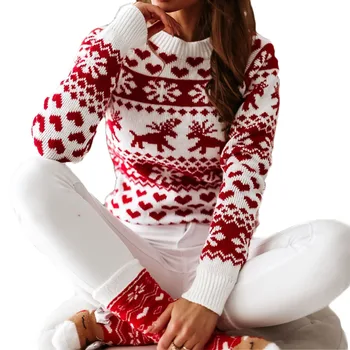 Moterų Kalėdų Briedžių Spausdinti Elegantiškas Megztinis Mados Visas Ilgis Reguliariai Rankovėmis Apvalios Kaklo Megztiniai Megztinis