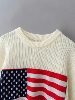 Moterų pollover džemperis moterims priežastinis amerikos vėliava, minkštas megztinis viršuje rudenį, žiemą Megztinius ilgomis rankovėmis korėjos negabaritinių megztinis