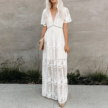 2020 Metų Vasaros Boho Moterų Maxi Suknelė Prarasti Balta Siuvinėjimo Nėrinių Ilgos Suknelės Beach Vacation Moterų Drabužiai V-Kaklo Trumpomis Rankovėmis