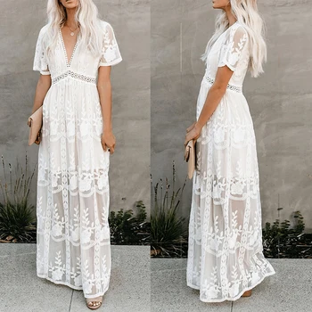 2020 Metų Vasaros Boho Moterų Maxi Suknelė Prarasti Balta Siuvinėjimo Nėrinių Ilgos Suknelės Beach Vacation Moterų Drabužiai V-Kaklo Trumpomis Rankovėmis