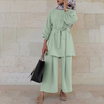 Moteris Musulmonų Vasaros 2vnt Komplektai Rinkinys ilgomis Rankovėmis Juostinės Tunika Viršūnes Pločio Kojų Laisvas Kelnes vientisos Spalvos Dubajus Kaftan Hijab