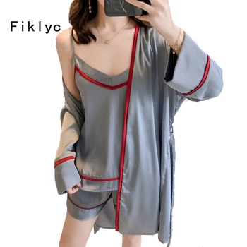Fiklyc prekės naujo dizaino moters rudens sezono gražus trumpas kelnes pižama nustato tris gabalus satino moterų prabanga homewear KARŠTO