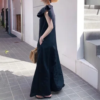 Juoda Raukiniai Vasaros Ilga Suknelė Moterų 2020 M. Korėjos Stiliaus Atsitiktinis Linijos Suknelė Puloveris Dienos Dirbti Biure Atostogų Maxi Suknelė Skraiste