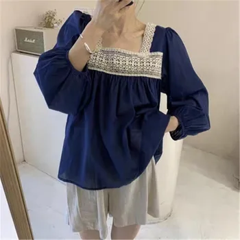 2020 Naujų Rudens Pradžioje korėjos Elegantiškos Palaidinės, Marškinėliai prancūzijos Aikštėje Nėrinių Apykaklę ilgomis rankovėmis Blusas vatos Pagaliukai Mados