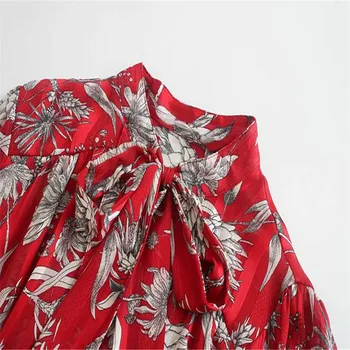Za Moterų Lankas Susieta Gėlių Spausdinti Palaidinė Ilgomis Rankovėmis Vintage Red Marškinėliai Moteris Mados Elegantiškas Biuras Dėvėti Viršūnes 2020 M.