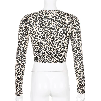 Sweetown Leopardas Spausdinti Sexy V Kaklo Rave Apranga Marškinėliai Moterims Ilgomis Rankovėmis Pasėlių Top Marškinėliai Femme 2020 M. Rudens Mados Streetwear