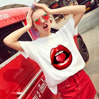 2020 Naujas mados marškinėliai Moterims Seksualus lūpų meilės spausdinti Marškinėlius Harajuku Plonas Skirsnio Baltos Viršūnės Moterų trumpomis rankovėmis T-shirt drabužiai