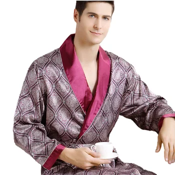 Vyrai Prabangus Šilko Chalatą Geometrinis Chalatai, Plius Dydis 5XL kimono Suknelė Vyrų Rūbeliai V-kaklo Satino Sleepwear Pijamas Vyras