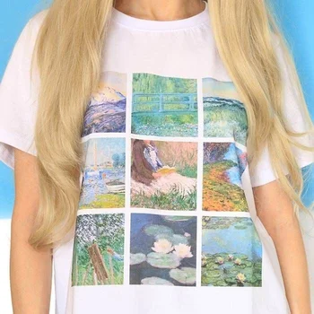 PUDO-JBH Derliaus Monet Paveikslą T-Shirt Vasaros mados Moterų top tee Minkštas Grunge Estetinės Atspausdinta Tee Kietas Viršūnes
