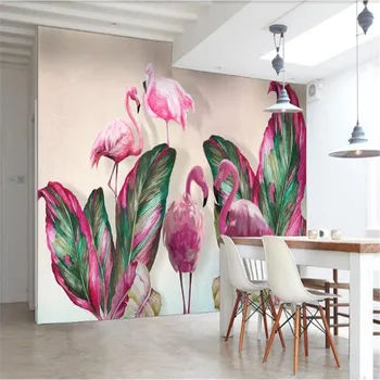 Milofi individualų sienos didelių 3D tapetai, freskos Šiaurės šalių šiuolaikinio minimalistinio tropinių augalų bananų lapų flamingo fono sienos