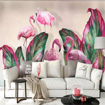 Milofi individualų sienos didelių 3D tapetai, freskos Šiaurės šalių šiuolaikinio minimalistinio tropinių augalų bananų lapų flamingo fono sienos