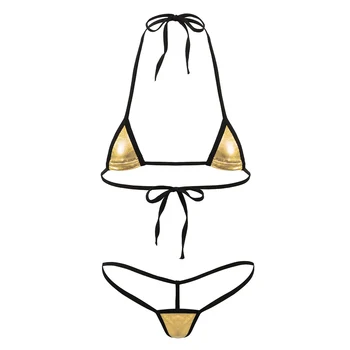 Moteriški Blizgus Metalinis Mini Bikini Erotinis apatinis Trikotažas Nustatyti Apynasrio Kaklo Kaklaraištis-dėl Bra Top su G-String Thong Bikini Nustatyti, Seksualus Kostiumai