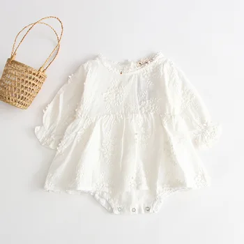 Rudenį naujagimį, bodysuit balta siuvinėjimo baby girl bodysuit suknelė