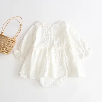 Rudenį naujagimį, bodysuit balta siuvinėjimo baby girl bodysuit suknelė