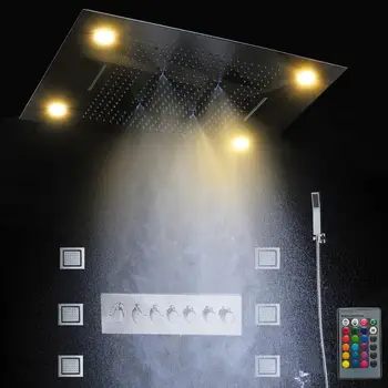 Vonios kambarys, Prabangus, labai Didelis 600*600 mm, Nerūdijančio Plieno LED Viršų Purškimo Termostatiniai Nuslėpė Lietaus Purslų Krioklys Dušo Komplektas