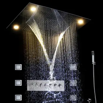 Vonios kambarys, Prabangus, labai Didelis 600*600 mm, Nerūdijančio Plieno LED Viršų Purškimo Termostatiniai Nuslėpė Lietaus Purslų Krioklys Dušo Komplektas