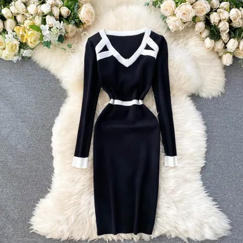 Moterų Rudens Žiemos Dress Amerikietiško Stiliaus Spalvų Atitikimo V-kaklo, Elastinga Juosmens Suknelė Naują Lieknėjimo Bazės Megztos Suknelės LL543