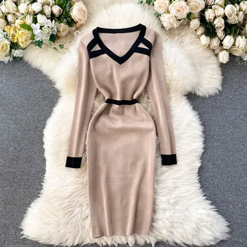 Moterų Rudens Žiemos Dress Amerikietiško Stiliaus Spalvų Atitikimo V-kaklo, Elastinga Juosmens Suknelė Naują Lieknėjimo Bazės Megztos Suknelės LL543