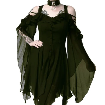 Imily Gotikos Šifono Mini Suknelė Moterims Seksualus Pynimas Off Peties Velniop Kaklo Blyksnius Rankovėmis Aukštos Juosmens Mygtuką Suknelės Femme Vestidos