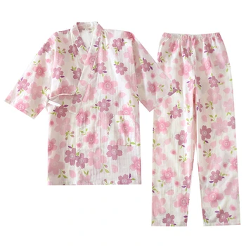 Japonijos Tradicinių Viršuje Kelnės Nustatyti Moterų Retro Mergaitėms Trumpomis Rankovėmis Kimono Gėlių Spausdinti Medvilnės Atsitiktinis Sleepwear Vasaros Spa Pižama