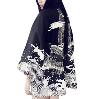 Derliaus Vasarą Moterys Cardigan Dragon Bangos Atspausdintas Šifono Apsaugos Nuo Saulės Kimono Marškinėliai, Viršutiniai Drabužiai