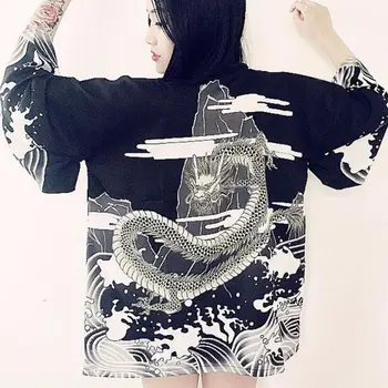 Derliaus Vasarą Moterys Cardigan Dragon Bangos Atspausdintas Šifono Apsaugos Nuo Saulės Kimono Marškinėliai, Viršutiniai Drabužiai
