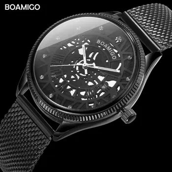 BOAMIGO prekės ženklo vyrai kvarciniai laikrodžių mados skeletas vyrų juoda Milane akių plieno juosta auto data laikrodžiai laikrodis relogio masculino