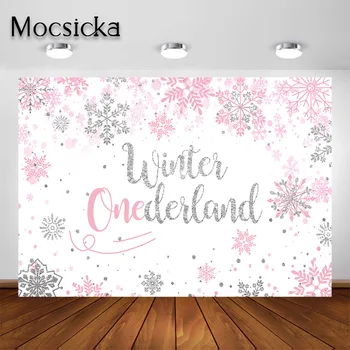 Mocsicka Žiemos Onederland Fotografijos Backdrops Rožinės spalvos Snaigės Pirmojo Gimtadienio Fone fotostudija Photoshoot