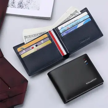 WIILIAMPOLO Piniginės, vyriškos trumpą verslo stiliaus raudona-balta-mėlyna kortelės lizdas ultra-plonas odos kortelės krepšys