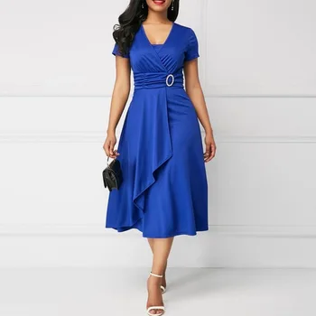 Vasaros Office Suknelė Elegantiškas Moterų Trumpomis Rankovėmis V-Kaklo Aukštos Juosmens Ponios Darbo Dėvėti Mėlynos Plius Dydis Raukiniai Suknelės Dydžio