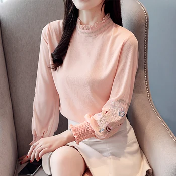 Korėjos Moterys, Palaidinės Moterims Ilgomis Rankovėmis Marškinėliai Moteris, Siuvinėta Palaidinė Moteris Šifono Viršūnes Plius Dydis Blusas Mujer De Moda 2020 M.