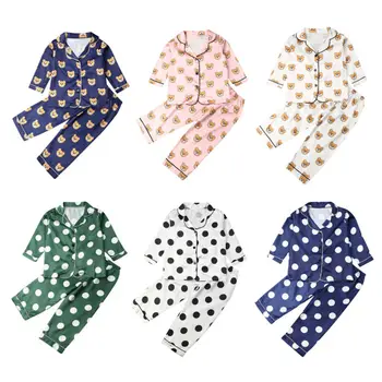 2020 naujas Atvartas spausdinti šilko ilgomis rankovėmis pižama nustatyti mergaitės lokys cartoon vaikų namų drabužiai mažylis berniukas Sleepwear pjs vaikams