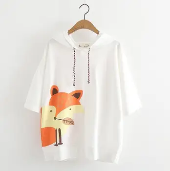 Mori mergina fox spausdinti trumpomis rankovėmis su Gobtuvu marškinėliai tee viršuje moterų 23953