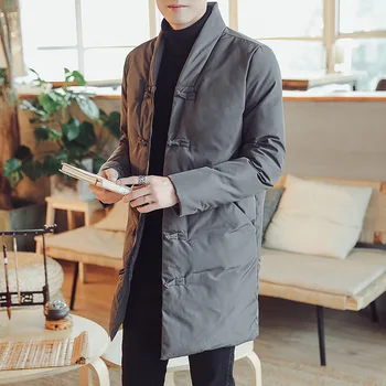 Naujas žiemos Kinų stiliaus dizainas šiltas Tirštėti Kamšalu Retro sagtis palto, striukės vyrams ilgai skyriuje atsitiktinis laisvas paltas vyrai