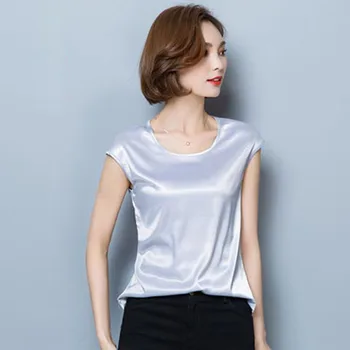 Imituoti Šilko Moterų Vasaros Stiliaus Palaidinės, Marškinėliai Lady Elegantiškas Atsitiktinis Trumpas Rankovės Blusas Viršūnes DF1825