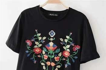 Boho Vasaros Mados Derliaus Elegantiškos Moterys Gėlių Siuvinėjimas trumpomis Rankovėmis T-shirt Ladies Viršūnes CottonTee Marškinėliai Camiseta Feminina