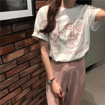 2 spalvų vasarą moterys viršūnes 2019 korėjos stle animacinių filmų spausdinti trumpas rankovės marškinėliai, moteriški marškinėliai, femme (B8610)
