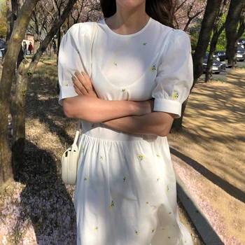 Korėjos Stiliaus Prabangus Senėjimo Švelnus Išsiuvinėti Gėlių Backless Nėrinių iki Juosmens Hugging Sluoksniuotos Rankovėmis Suknelė Moterims