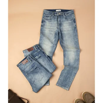 KUEGOU 2021 m. Pavasarį Medvilnės Mėlyni Skinny Džinsai Vyrams Streetwear Brand Slim Fit Denim Kelnės vyrams Klasikiniai Ruožas Kelnės 1839
