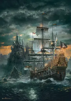 Piratų laivas viduramžių baisu pilis jūros vandenyno fone Aukštos kokybės Kompiuteris spausdinti šalių fone