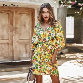 2020 Mados Gėlių Spausdinti Moterų Suknelė Vasaros Pusė Rankovėmis Mygtuką Šifono Saldus Mini Suknelės Elegantiška Vintage Boho Paplūdimio Sundress